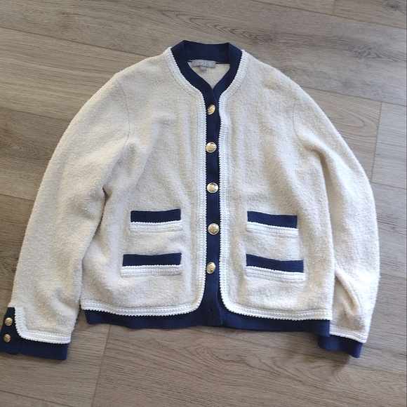 SUPER CLEAN J Crew Boucle Lady Jacket Cardigan Cream Navy Blue Size Large - Picture 4 of 9